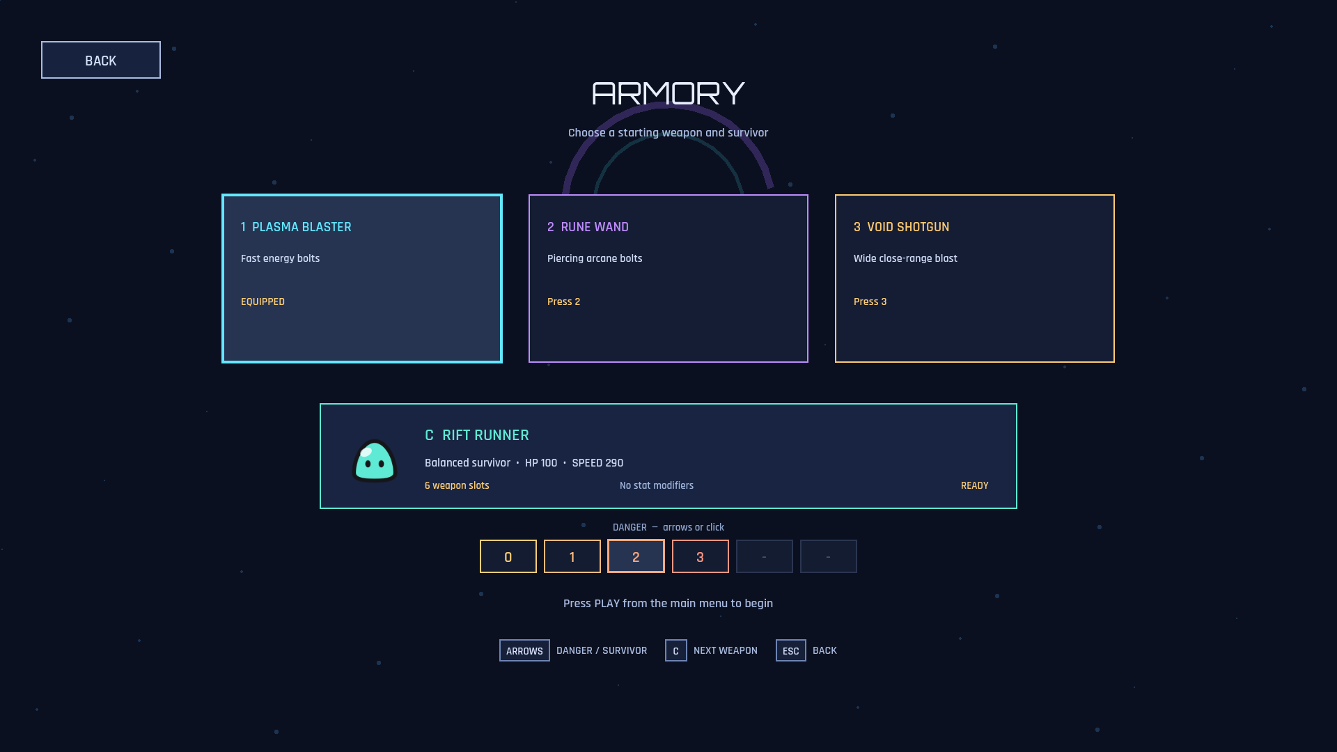 The armory, showing starting weapons, the selected survivor and the danger ladder