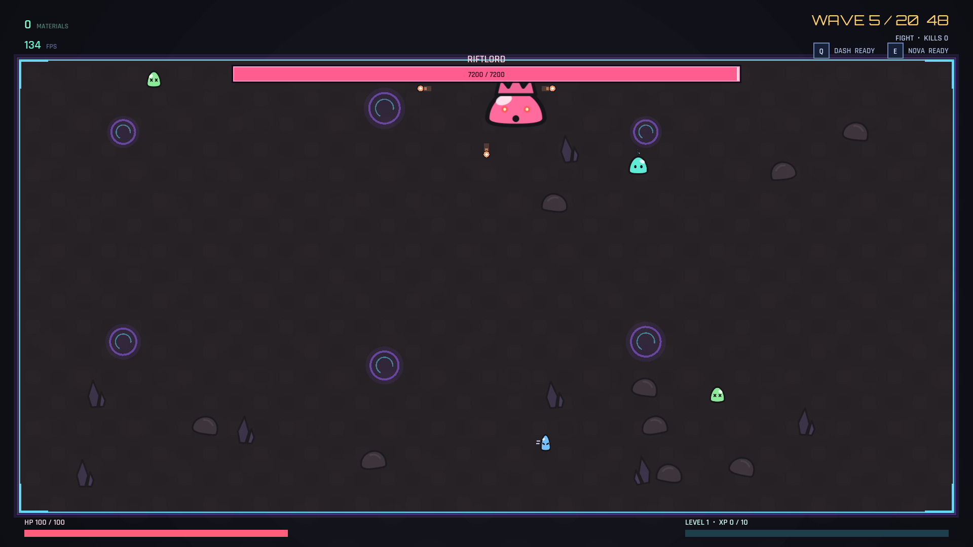 A boss fight with a full-width health bar and a radial volley of projectiles