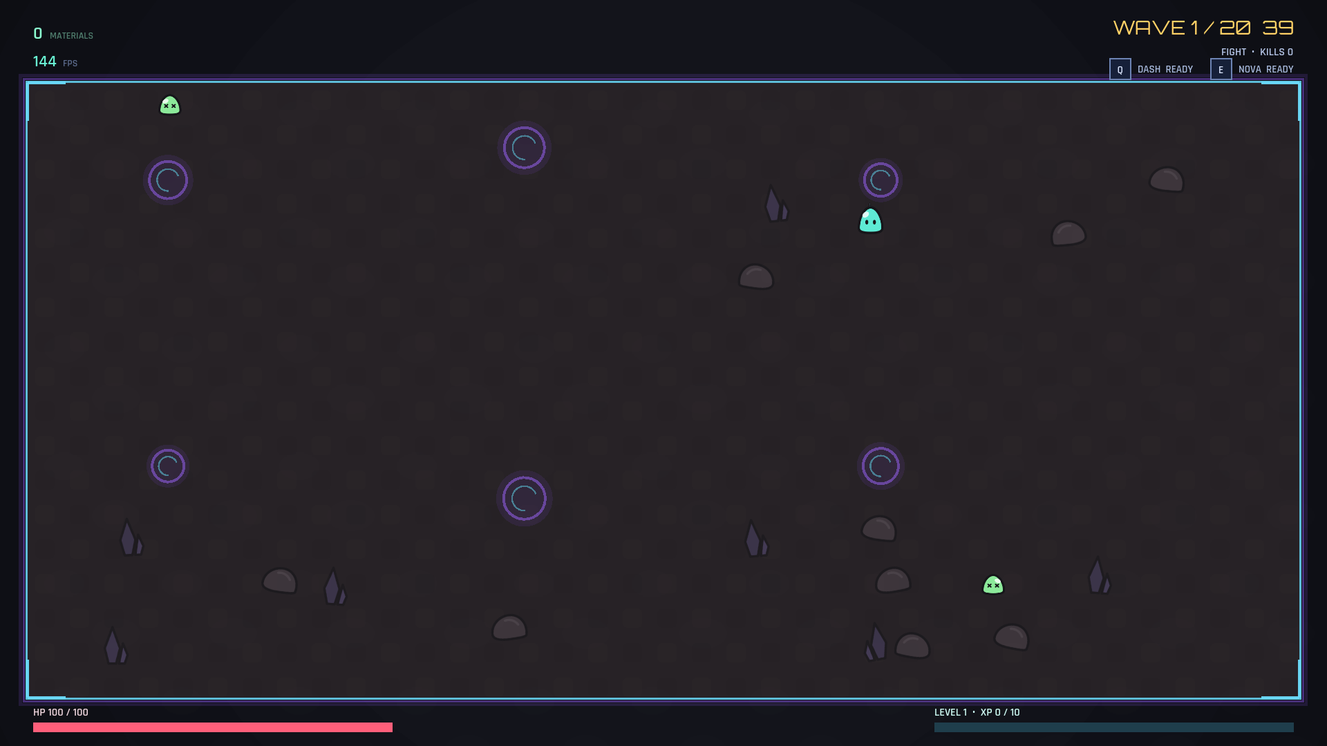 A wave in progress: the player surrounded by enemies in the arena