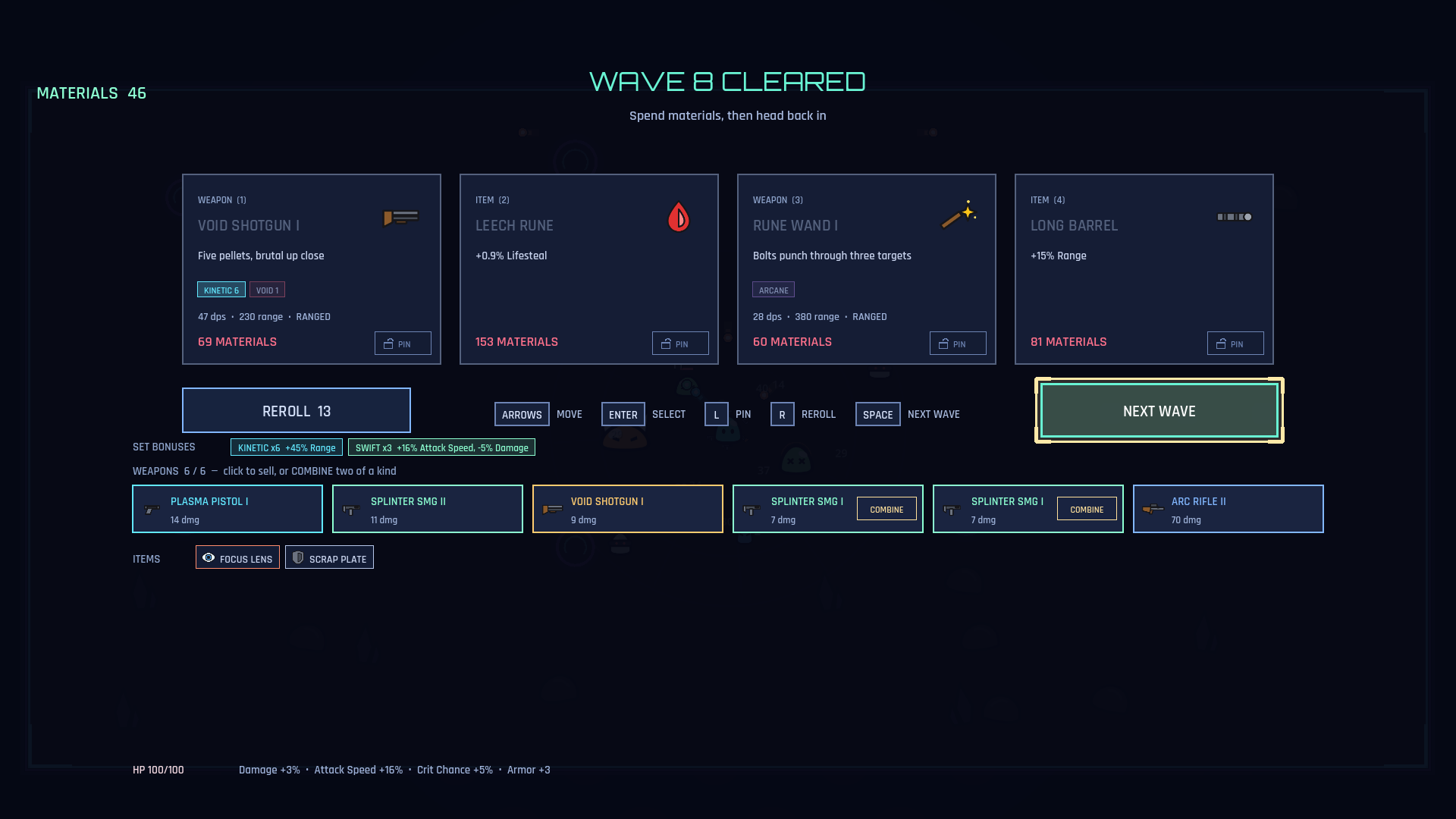 The shop between waves, showing four offers, weapon slots and set bonuses
